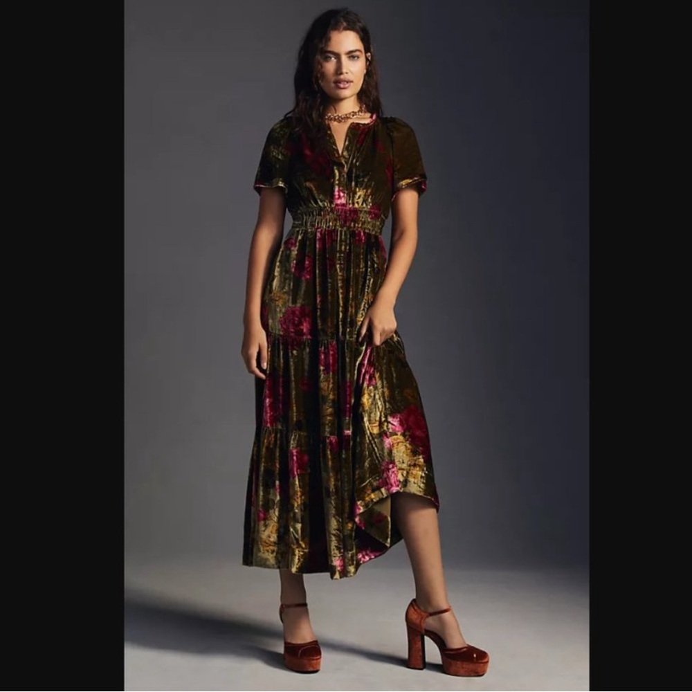 Anthropologie Somerset Maxi Velvet Dress Long Tiered Green Floral Size XXSP